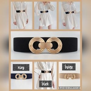 Set of 3 NWT stretch elastic gold buckle waist belts - black, navy blue, biege